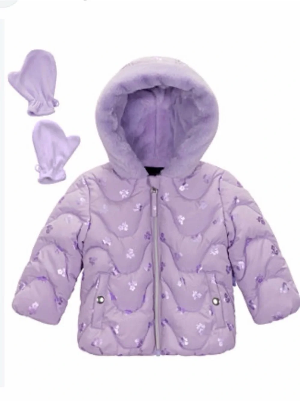 Rothschild Baby Girls Floral Foil Puffer Coat + Mittens | 18M